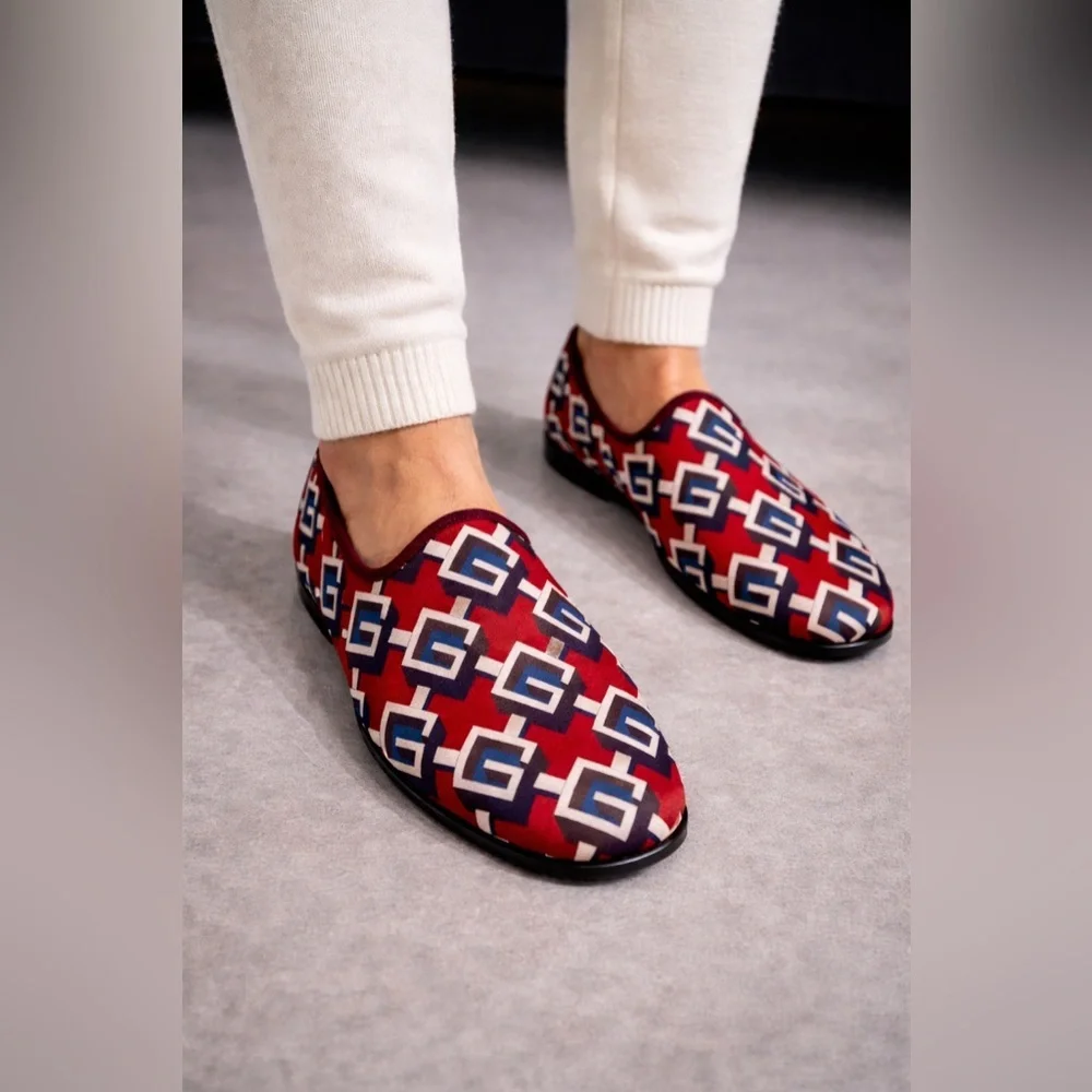 Gucci Red Satin Voyage Geometric G Print Slipper Shoes New $570